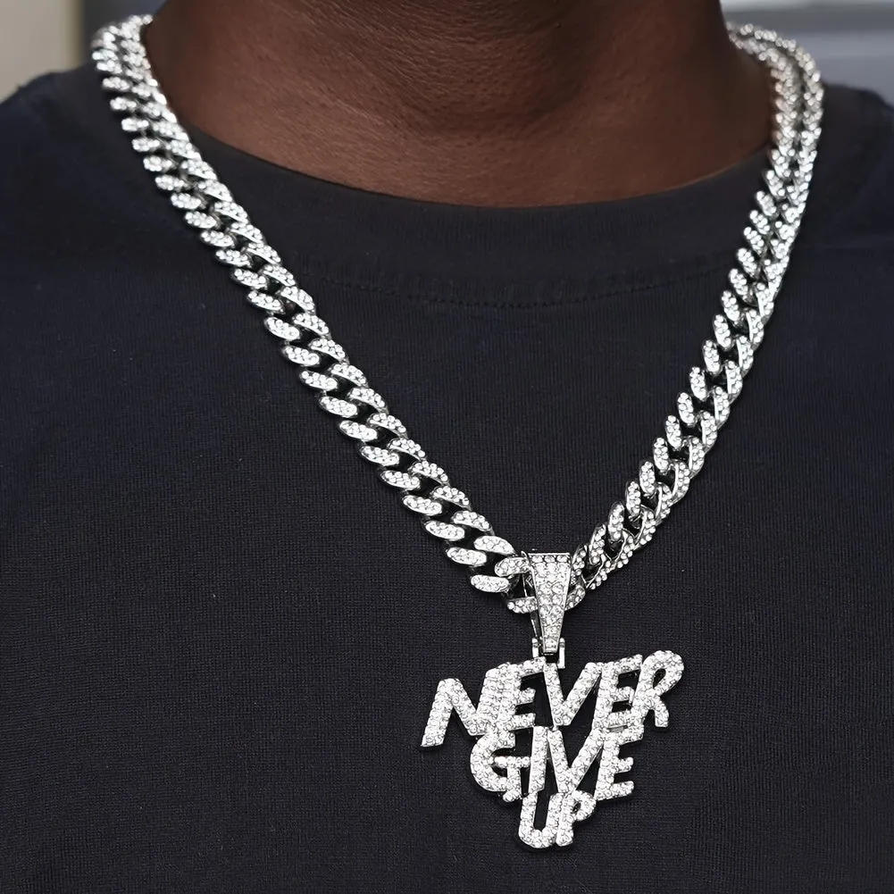 1 Piece of Luxurious Shiny NEVERGIVEUP Pendant Necklace - Rhinestone Encrusted, Plated White K, Hip Hop Choker Style for Men and Women - Alloy Material, Cuban Chain, Perfect Fashion Accessory