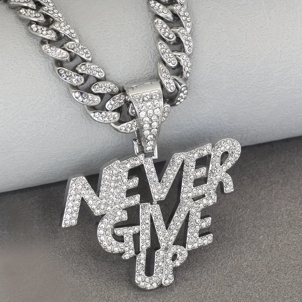 1 Piece of Luxurious Shiny NEVERGIVEUP Pendant Necklace - Rhinestone Encrusted, Plated White K, Hip Hop Choker Style for Men and Women - Alloy Material, Cuban Chain, Perfect Fashion Accessory