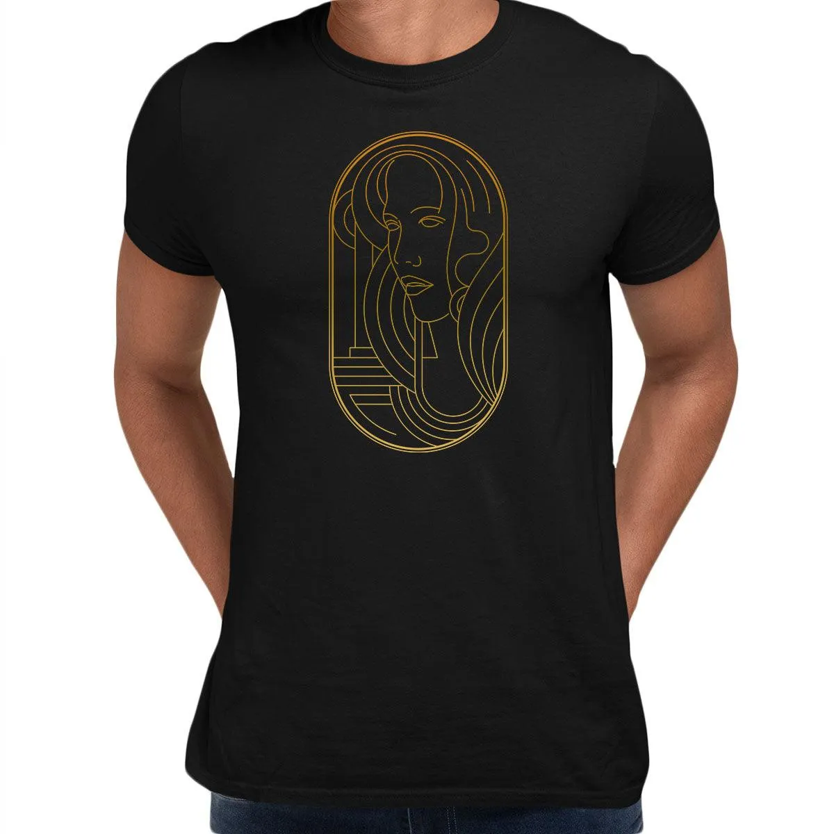 Art Deco Elegant Portraits Unisex T-shirt Golden Nostalgia Soft Line Design 4