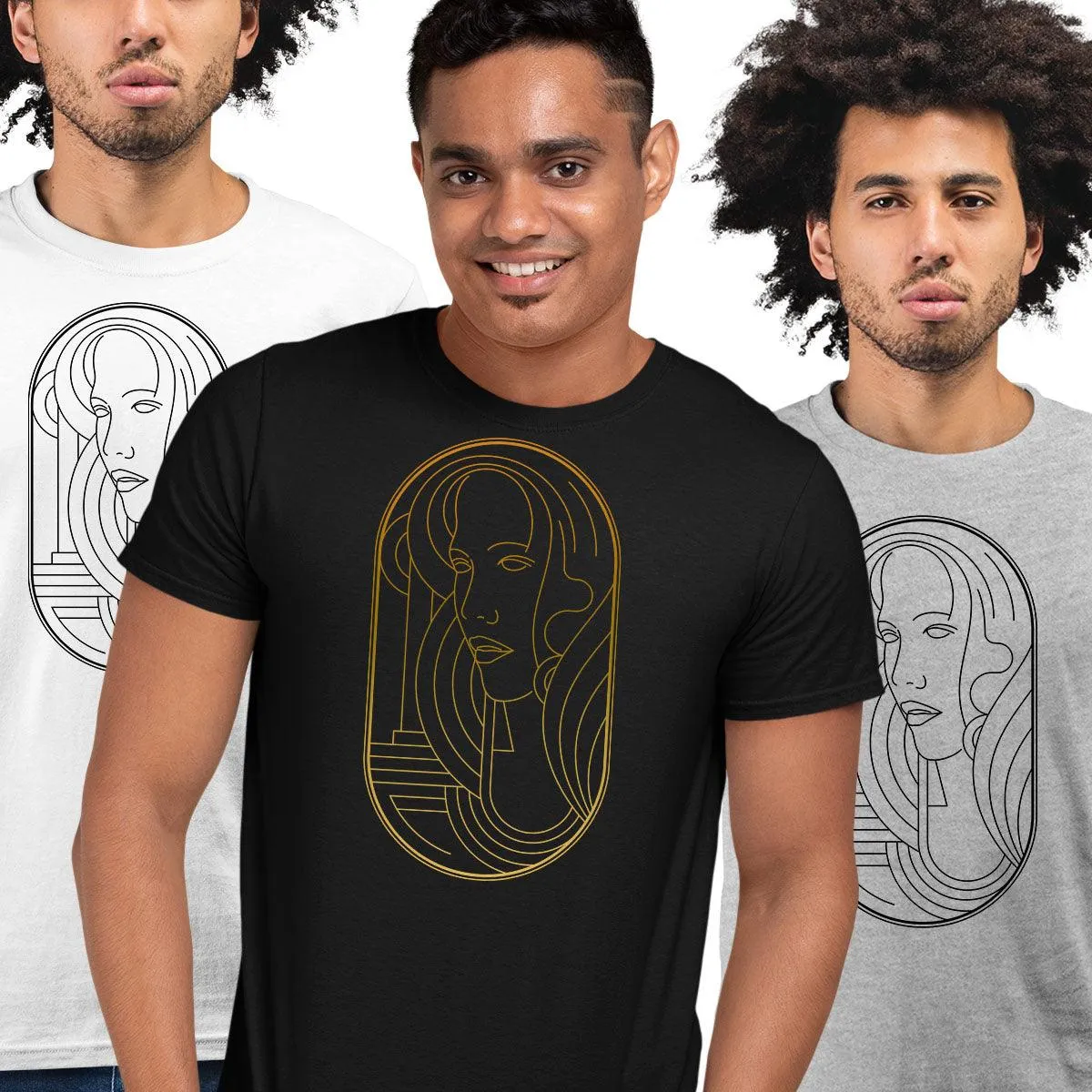 Art Deco Elegant Portraits Unisex T-shirt Golden Nostalgia Soft Line Design 4