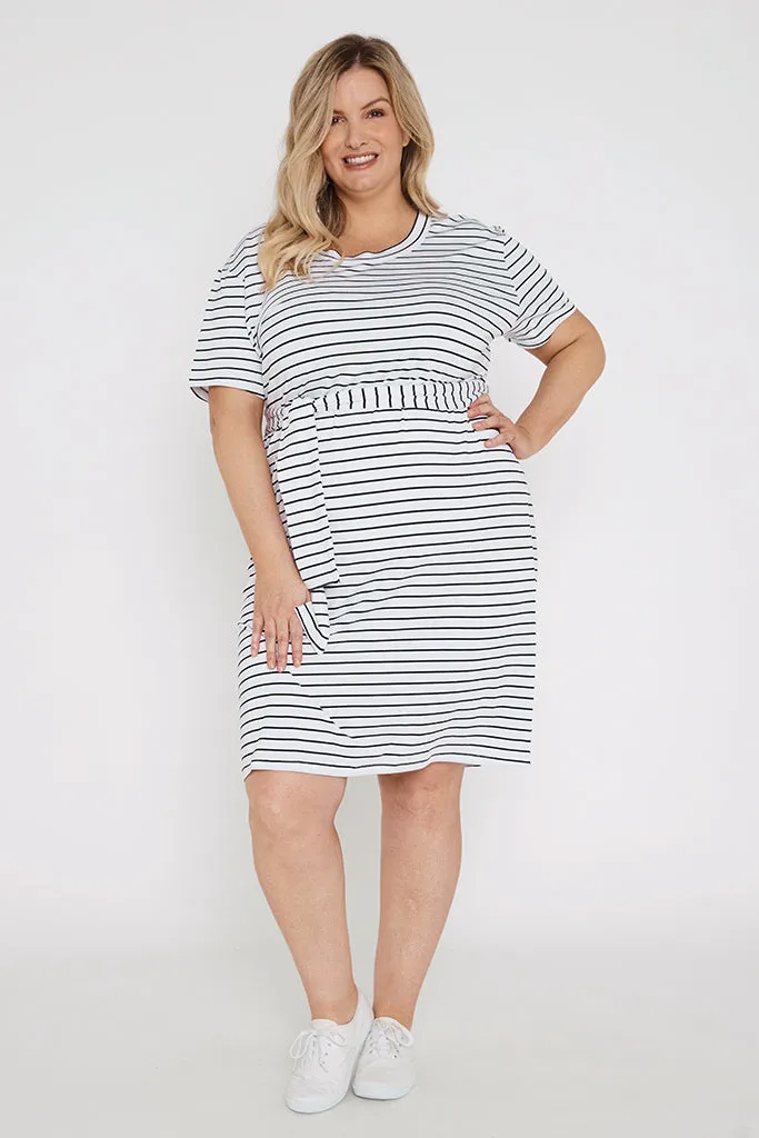 Bamboo T-Shirt Dress - White & Black Stripe