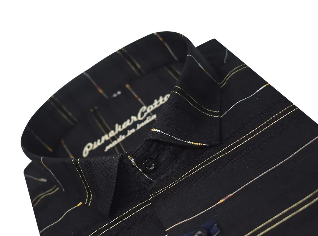 Black Color Pure Cotton Panelled Butta Stripes Shirts For Men's