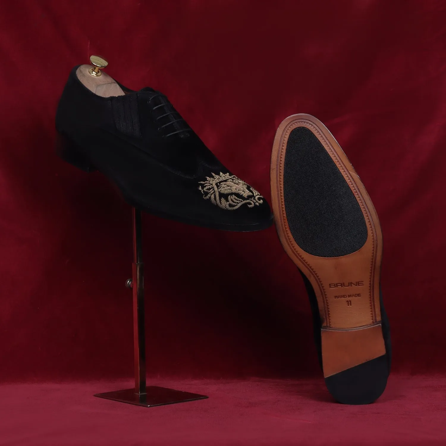 Black Velvet Lace-Up Formal Shoes with Zardosi Lion For Men By Brune & Bareskin