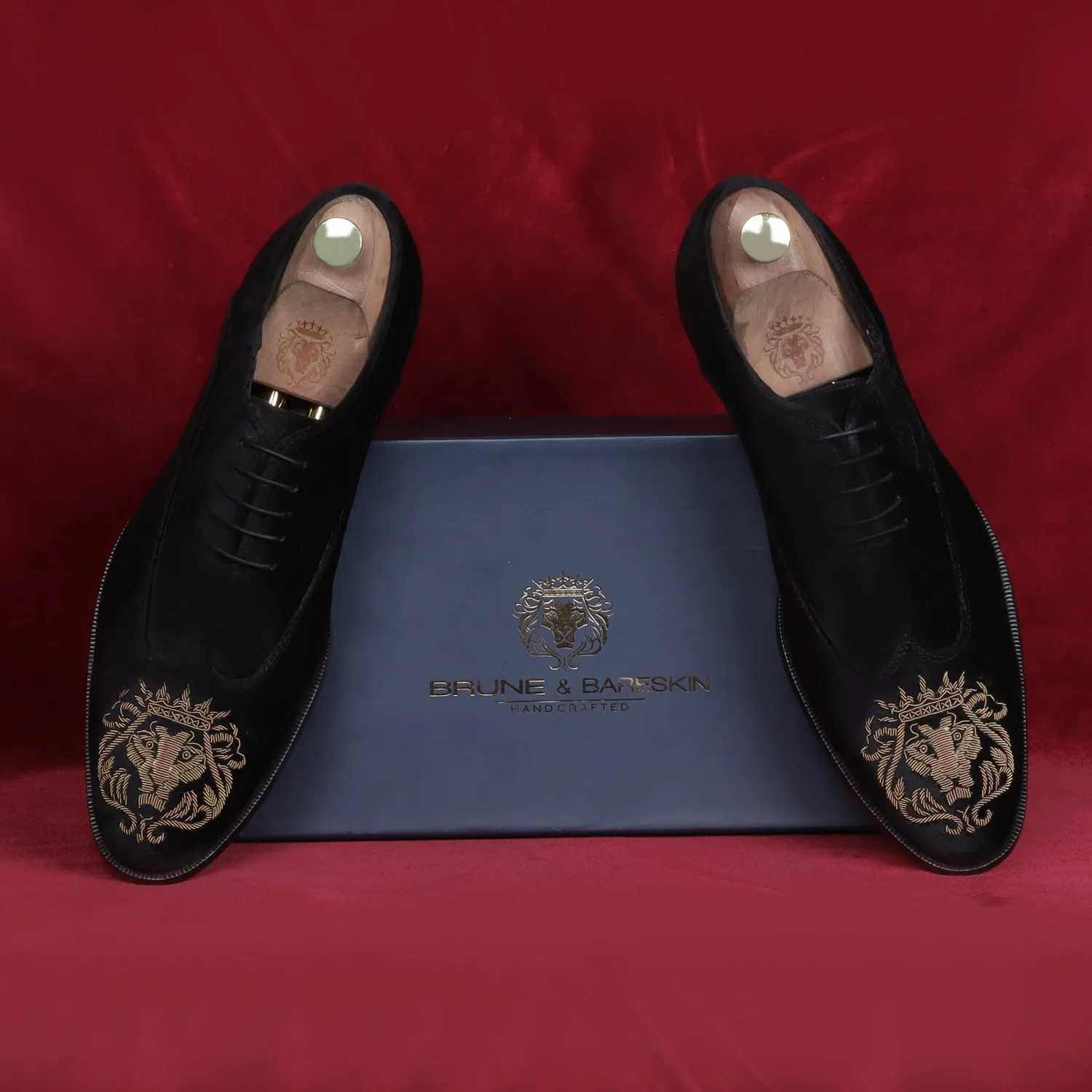 Black Velvet Lace-Up Formal Shoes with Zardosi Lion For Men By Brune & Bareskin