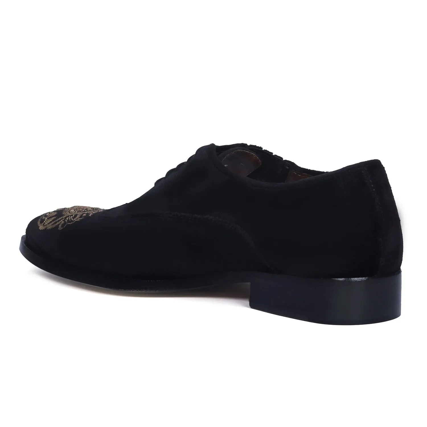 Black Velvet Lace-Up Formal Shoes with Zardosi Lion For Men By Brune & Bareskin