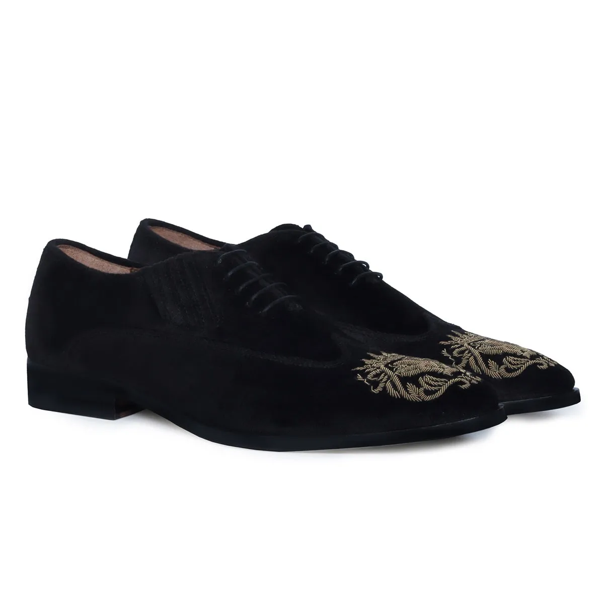 Black Velvet Lace-Up Formal Shoes with Zardosi Lion For Men By Brune & Bareskin