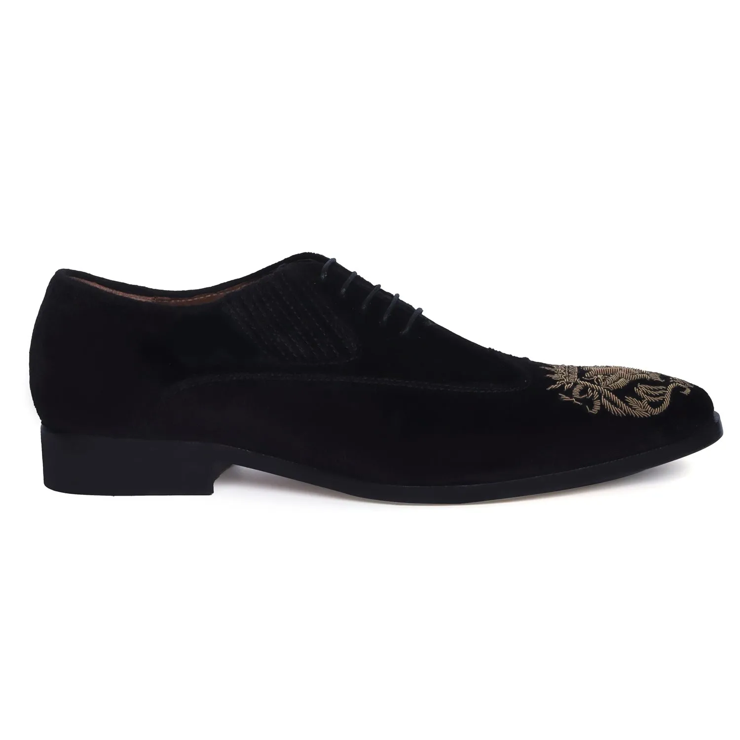 Black Velvet Lace-Up Formal Shoes with Zardosi Lion For Men By Brune & Bareskin