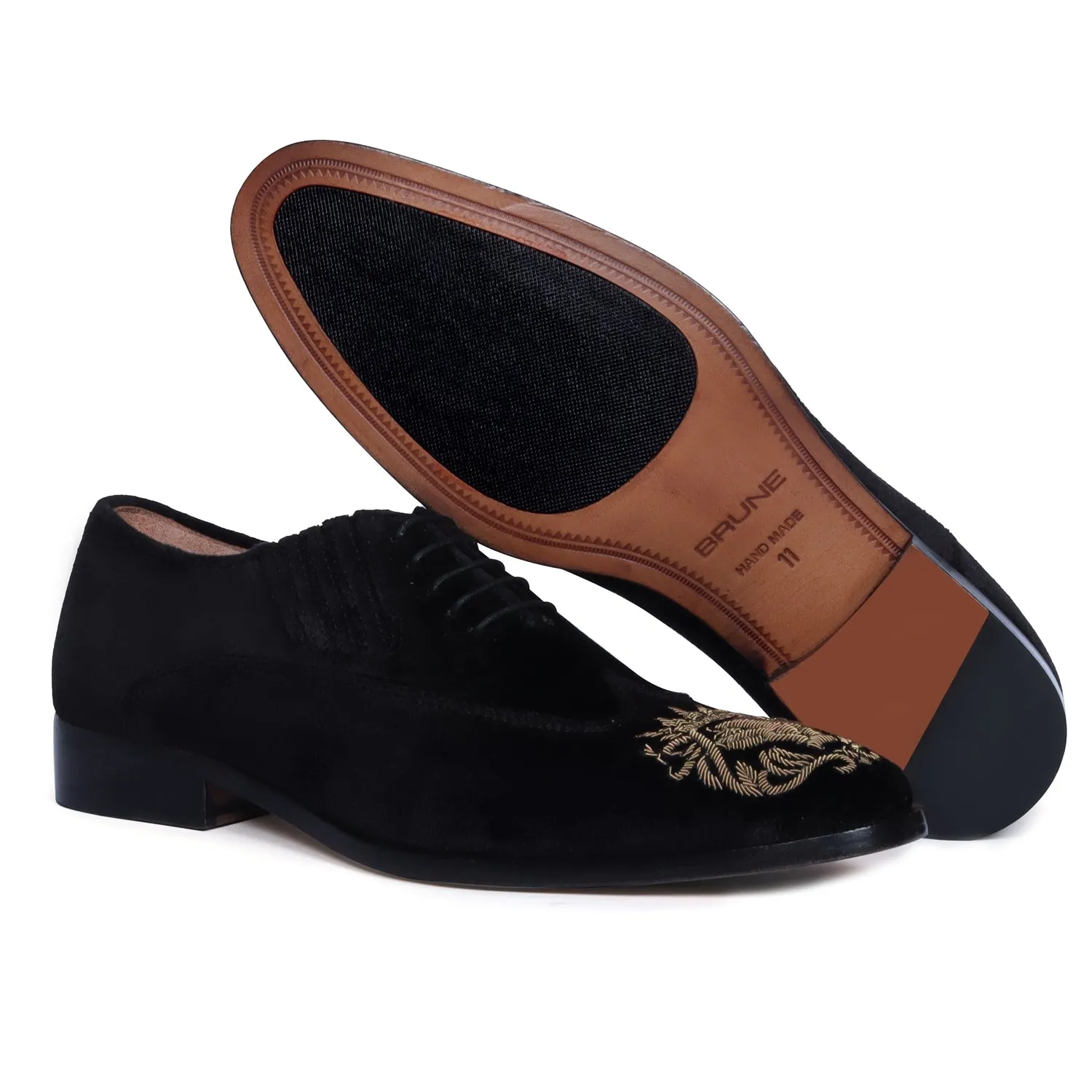 Black Velvet Lace-Up Formal Shoes with Zardosi Lion For Men By Brune & Bareskin