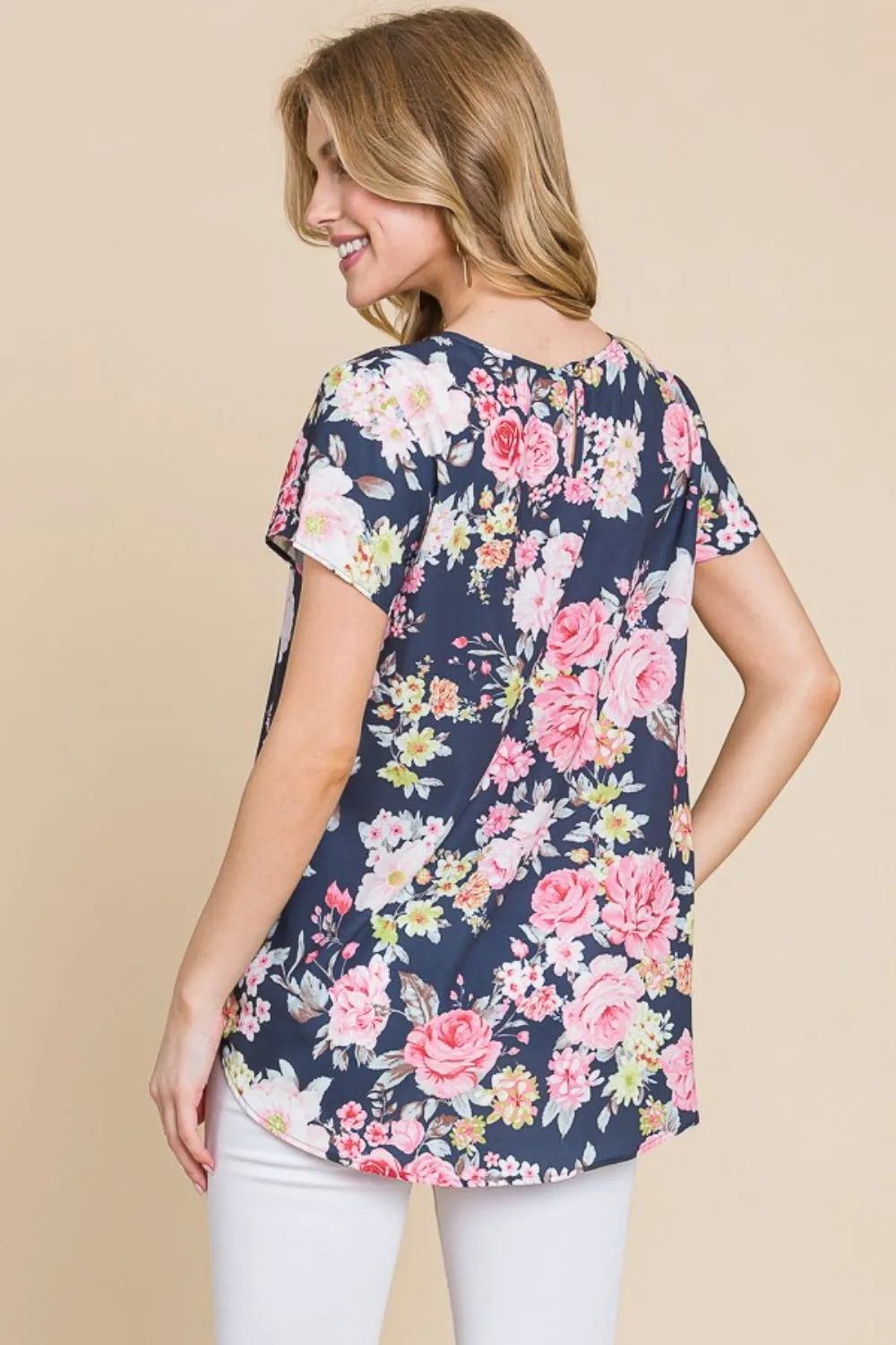 BOMBOM Floral T-Shirt for Women - Elegant Round Neck, Short Sleeve Top, Perfect for Summer & Casual Wear, Available in Multiple Sizes