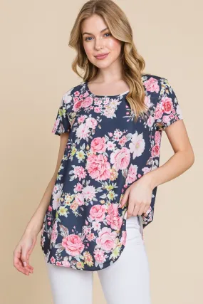 BOMBOM Floral T-Shirt for Women - Elegant Round Neck, Short Sleeve Top, Perfect for Summer & Casual Wear, Available in Multiple Sizes