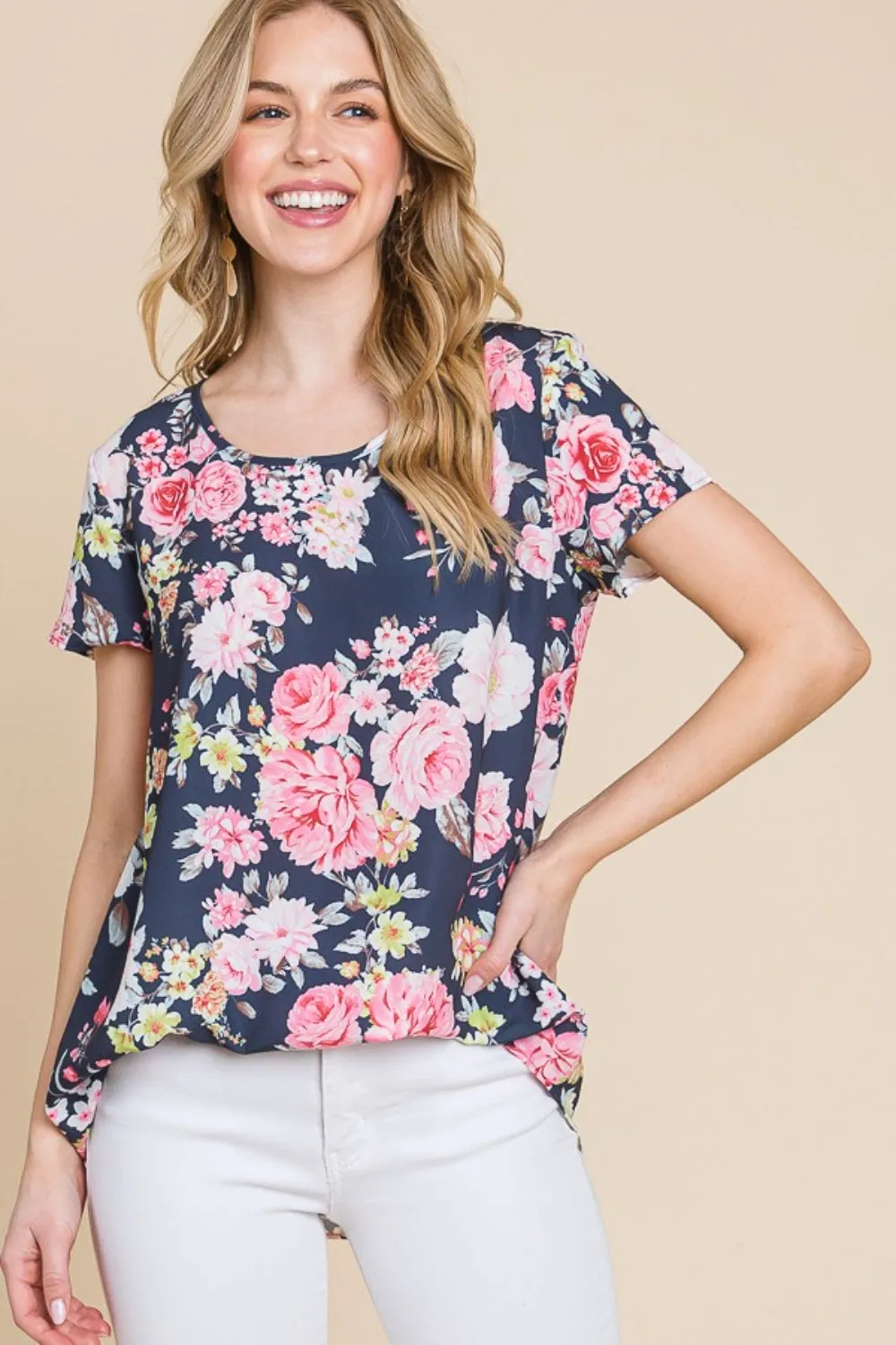 BOMBOM Floral T-Shirt for Women - Elegant Round Neck, Short Sleeve Top, Perfect for Summer & Casual Wear, Available in Multiple Sizes