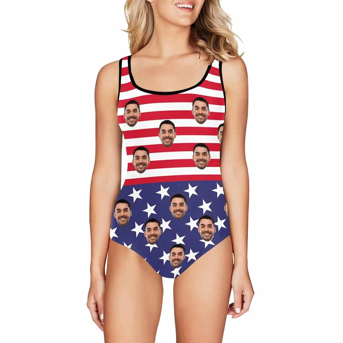 Custom Face US Flag Swimsuits Personalized Women's Tank Top Bathing Swimsuits Funny Gift Idea