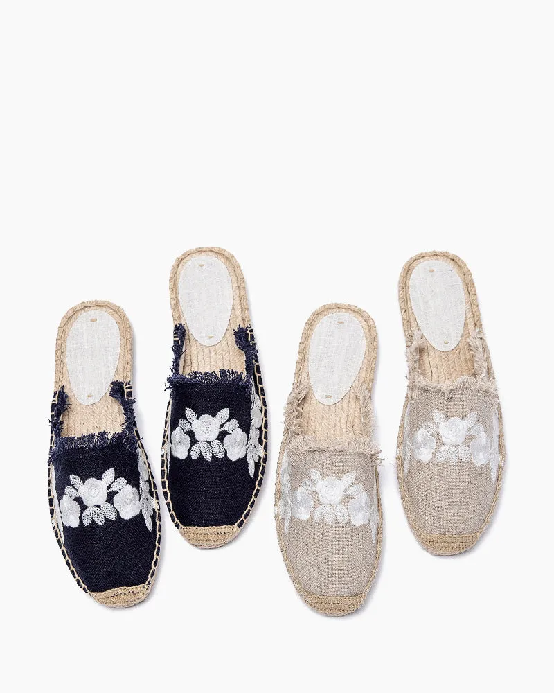 Flower Embroidered Espadrille Flat Mules