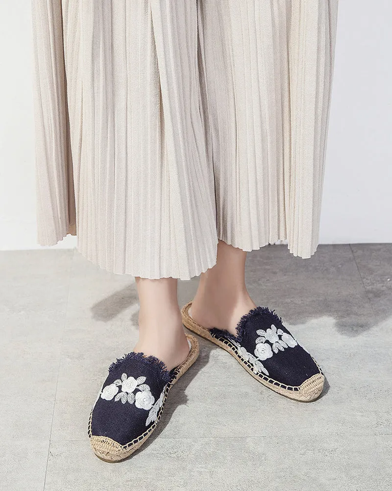 Flower Embroidered Espadrille Flat Mules