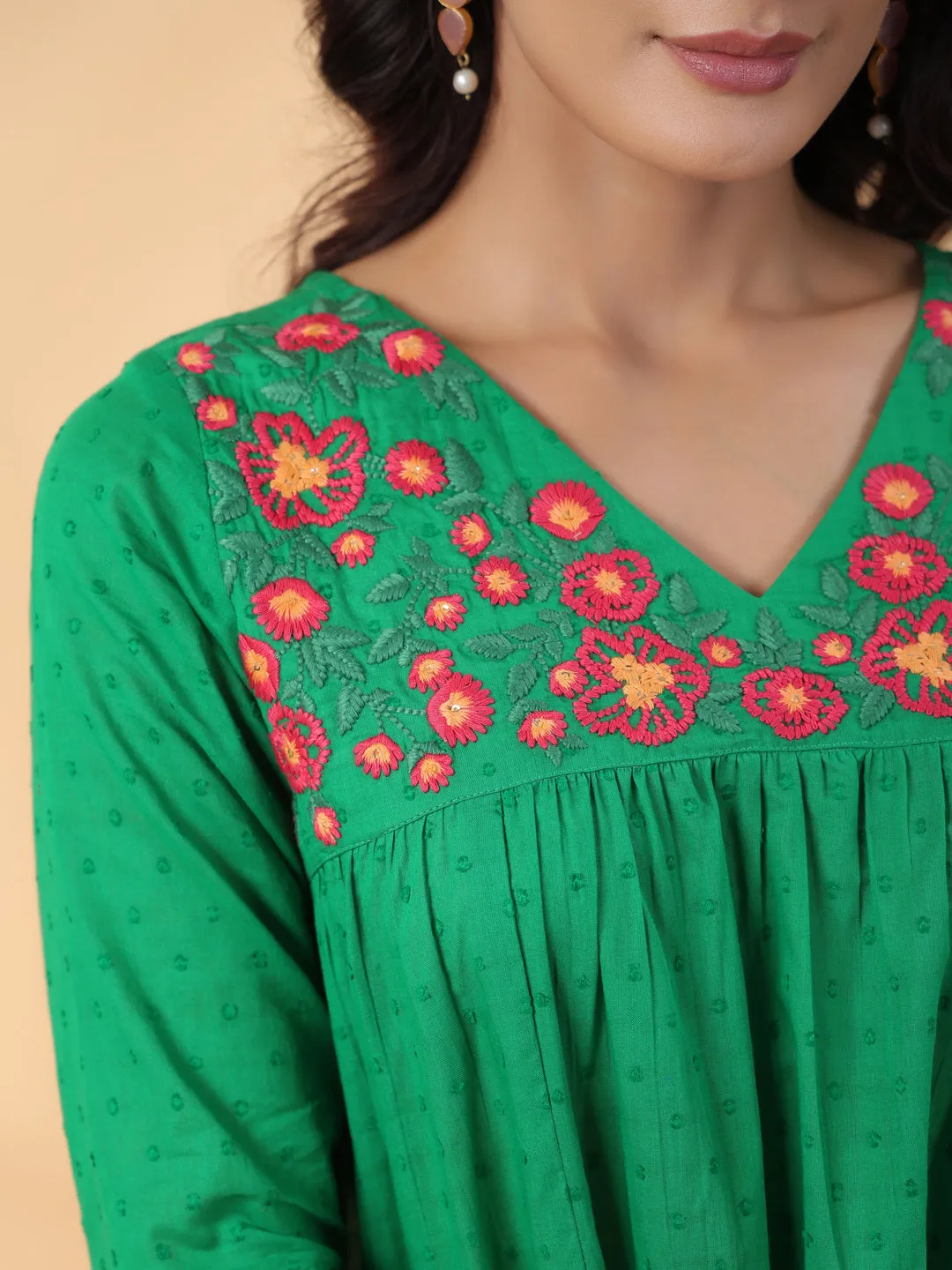 Green Dobby Cotton Embroidered Pleated Dress