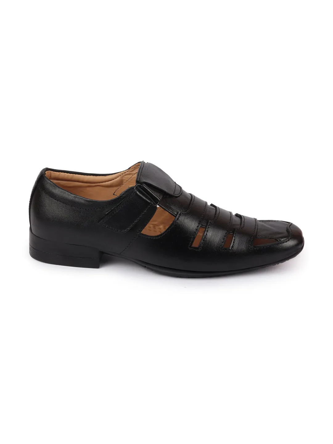 Men Black Formal Leather Hook & Loop Flat Sandals