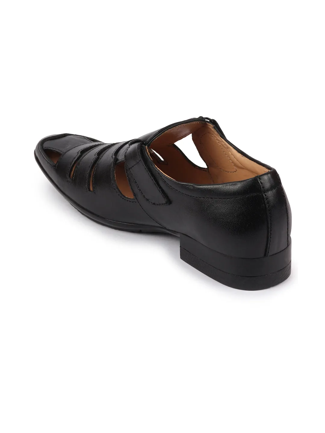 Men Black Formal Leather Hook & Loop Flat Sandals