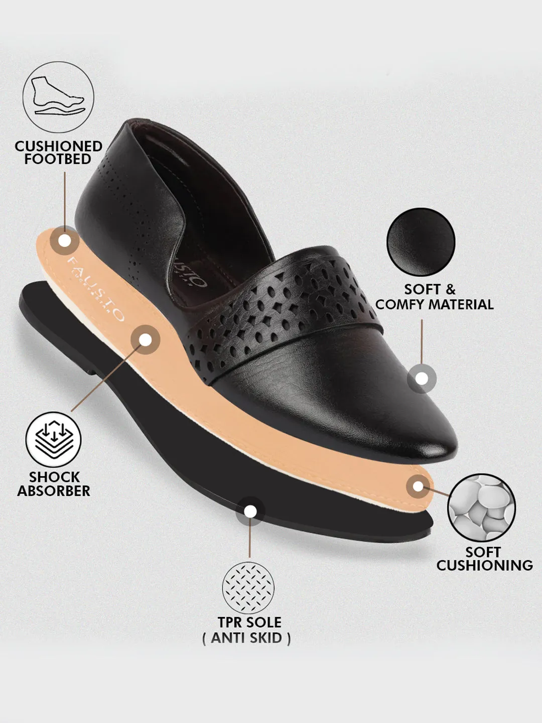 Men Black Laser Cut Design Side Open Broad Feet Ethnic Party Slip On Shoes