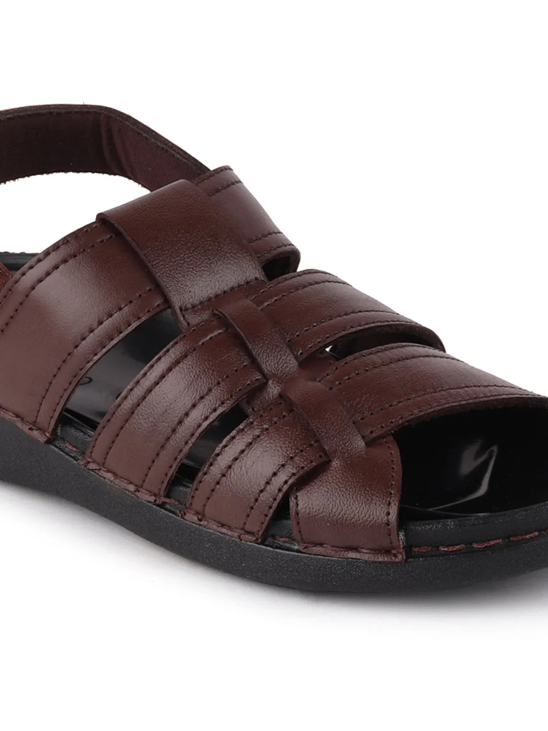 Men Brown Formal Leather Hook & Loop Flat Sandals