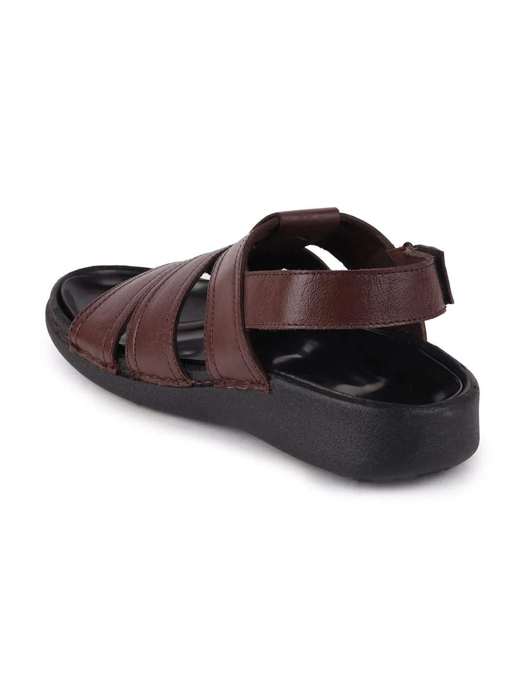 Men Brown Formal Leather Hook & Loop Flat Sandals