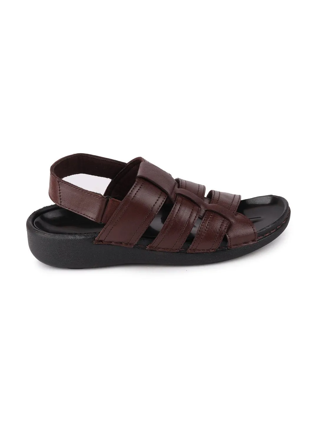 Men Brown Formal Leather Hook & Loop Flat Sandals