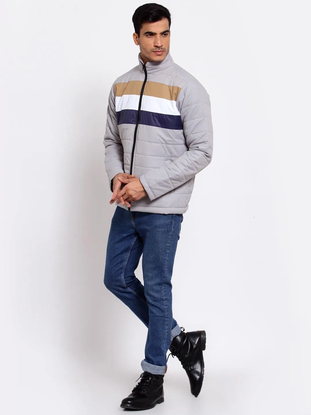 Men Grey & Navy Blue Striped Lightweight Outdoor Padded Jacket