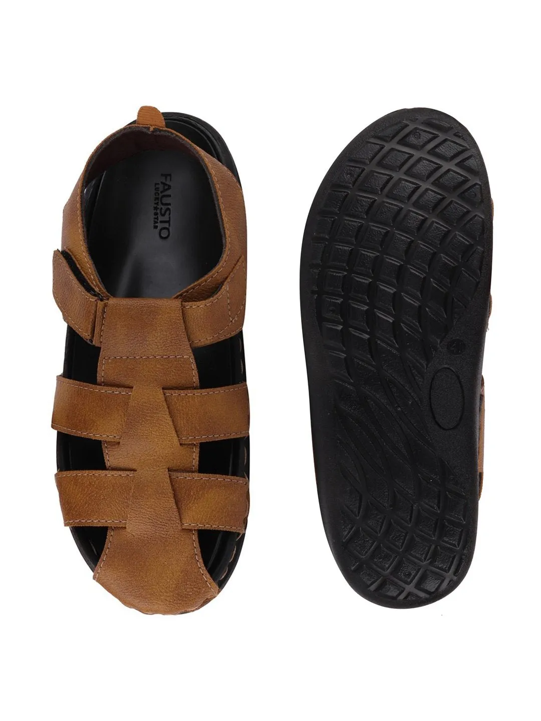 Men Tan Casual Hook & Loop Fishermen Sandals