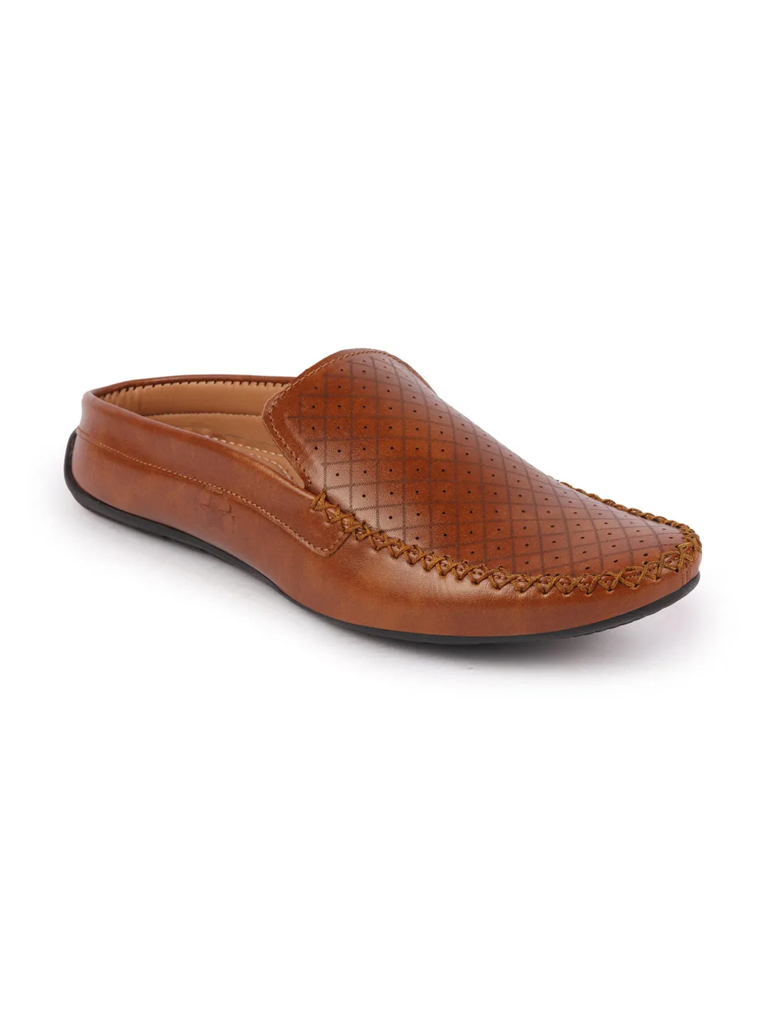 Men Tan Stitched Block Design Pattern Back Open Slip On Loafer Shoes