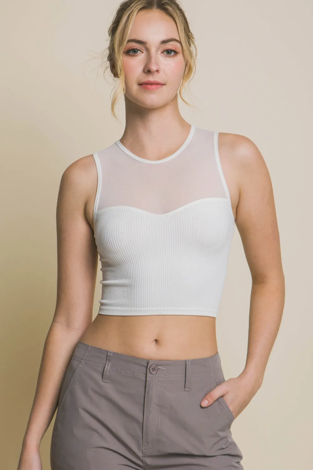 Off White Round Neck Ribbed Cropped Mesh Tank