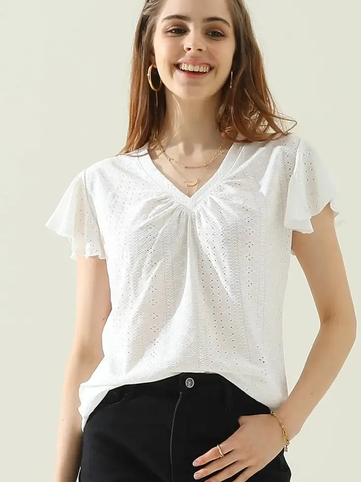 Ruffled Sleeves Punching Lace T-Shirt