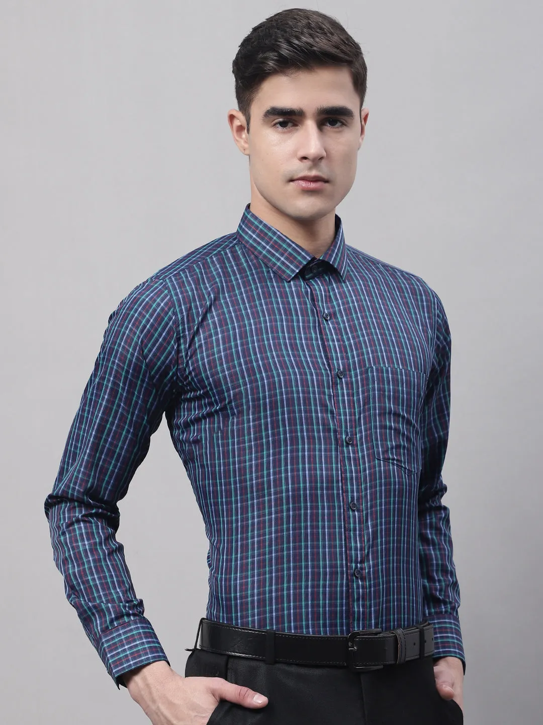 Style Quotient Men Navy Checked Polycotton Regular Fit Formal  Shirt