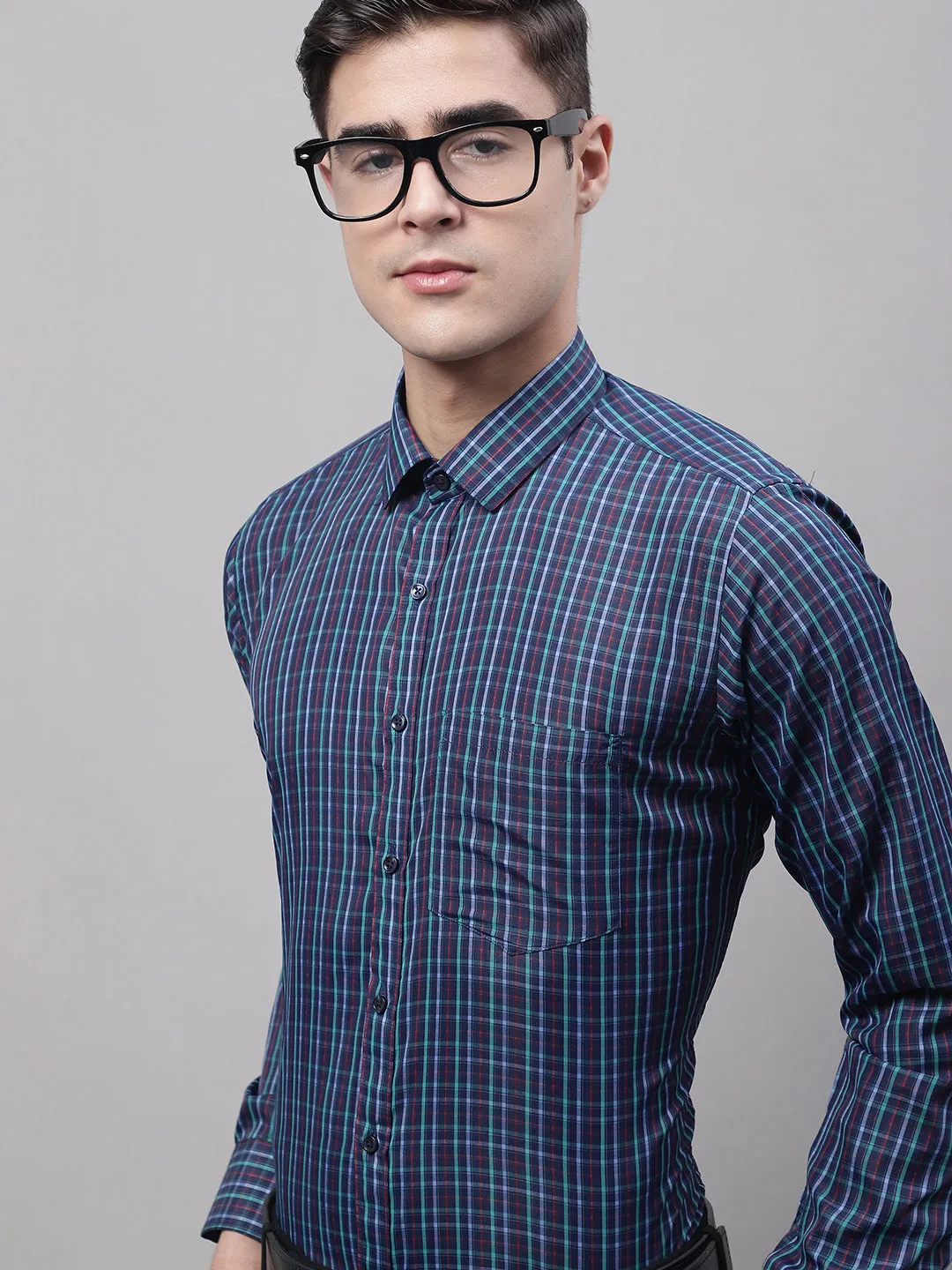 Style Quotient Men Navy Checked Polycotton Regular Fit Formal  Shirt