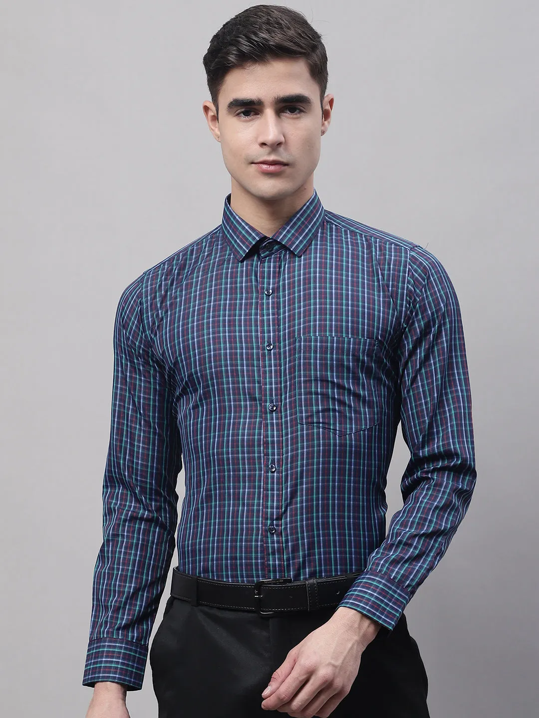 Style Quotient Men Navy Checked Polycotton Regular Fit Formal  Shirt