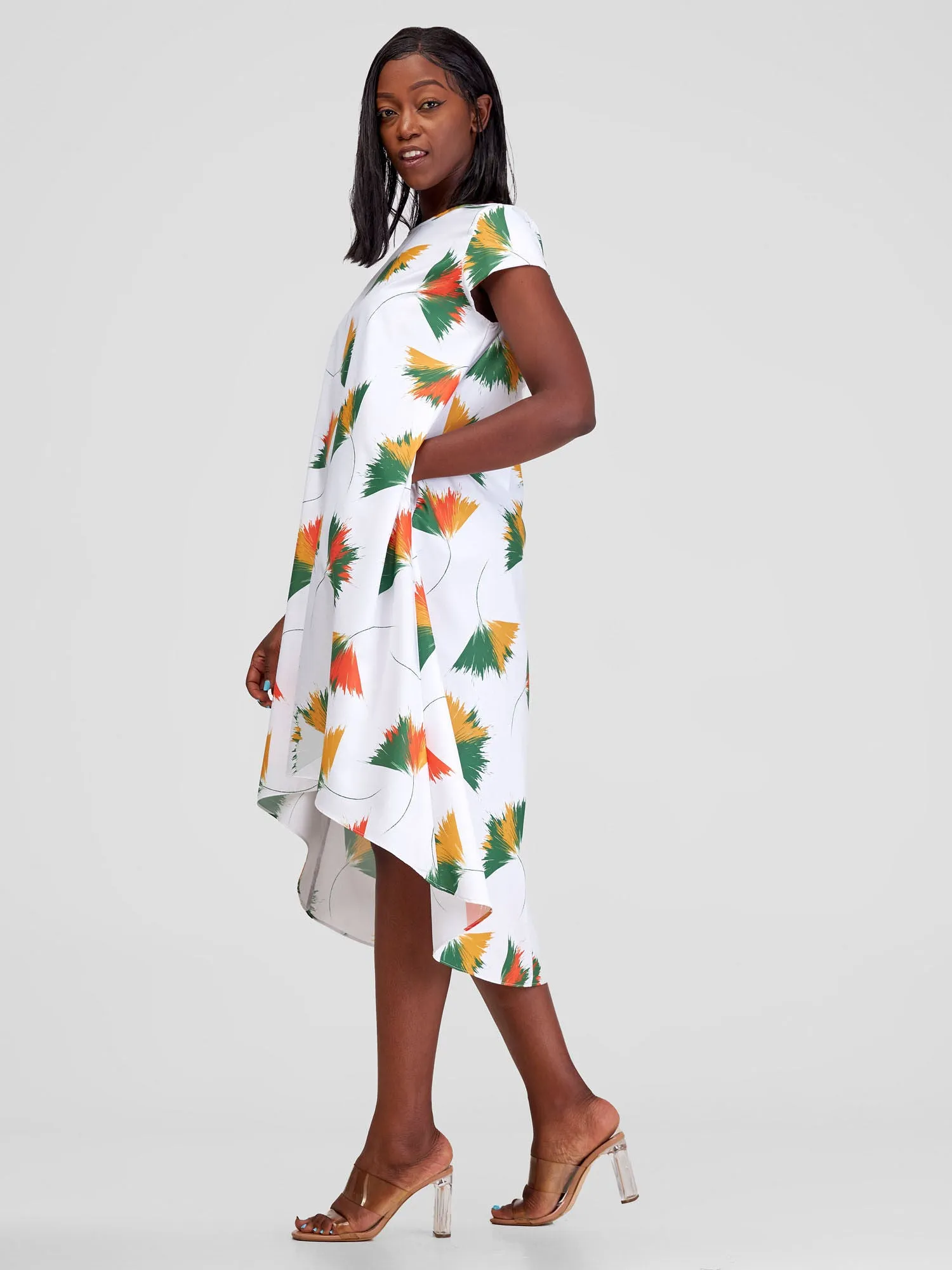 Vivo Jema High Low Tent Dress - White / Green Niger Print