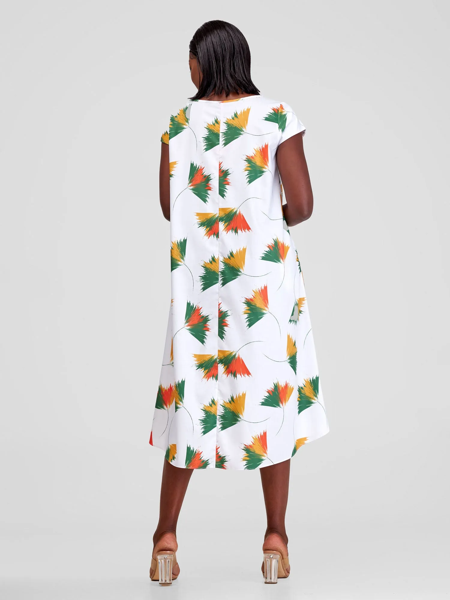 Vivo Jema High Low Tent Dress - White / Green Niger Print