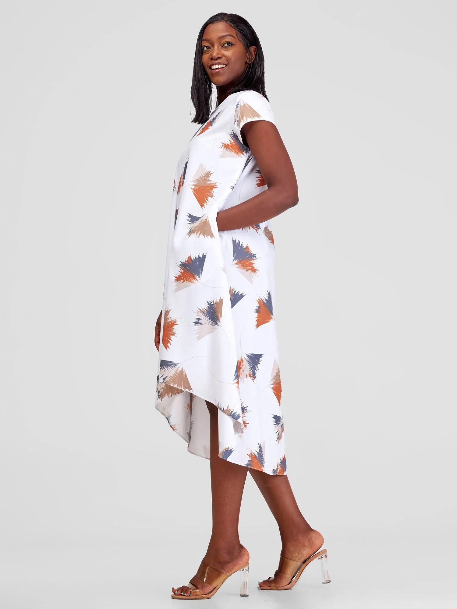 Vivo Jema High Low Tent Dress - White / Orange Niger Print