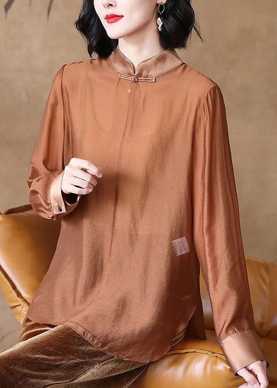 Women Coffee Stand Collar Button Cotton Shirt Spring QA1036