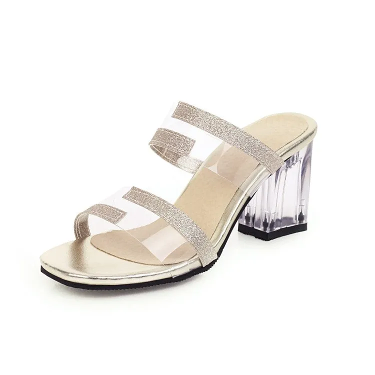 Women's Crystal Transparent Block Heel Slides Sandals