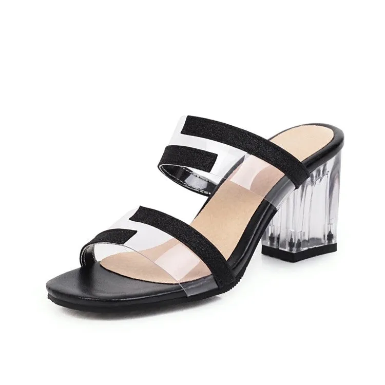 Women's Crystal Transparent Block Heel Slides Sandals