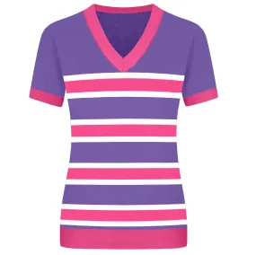 Women's striped purple knit V-neck T-shirt